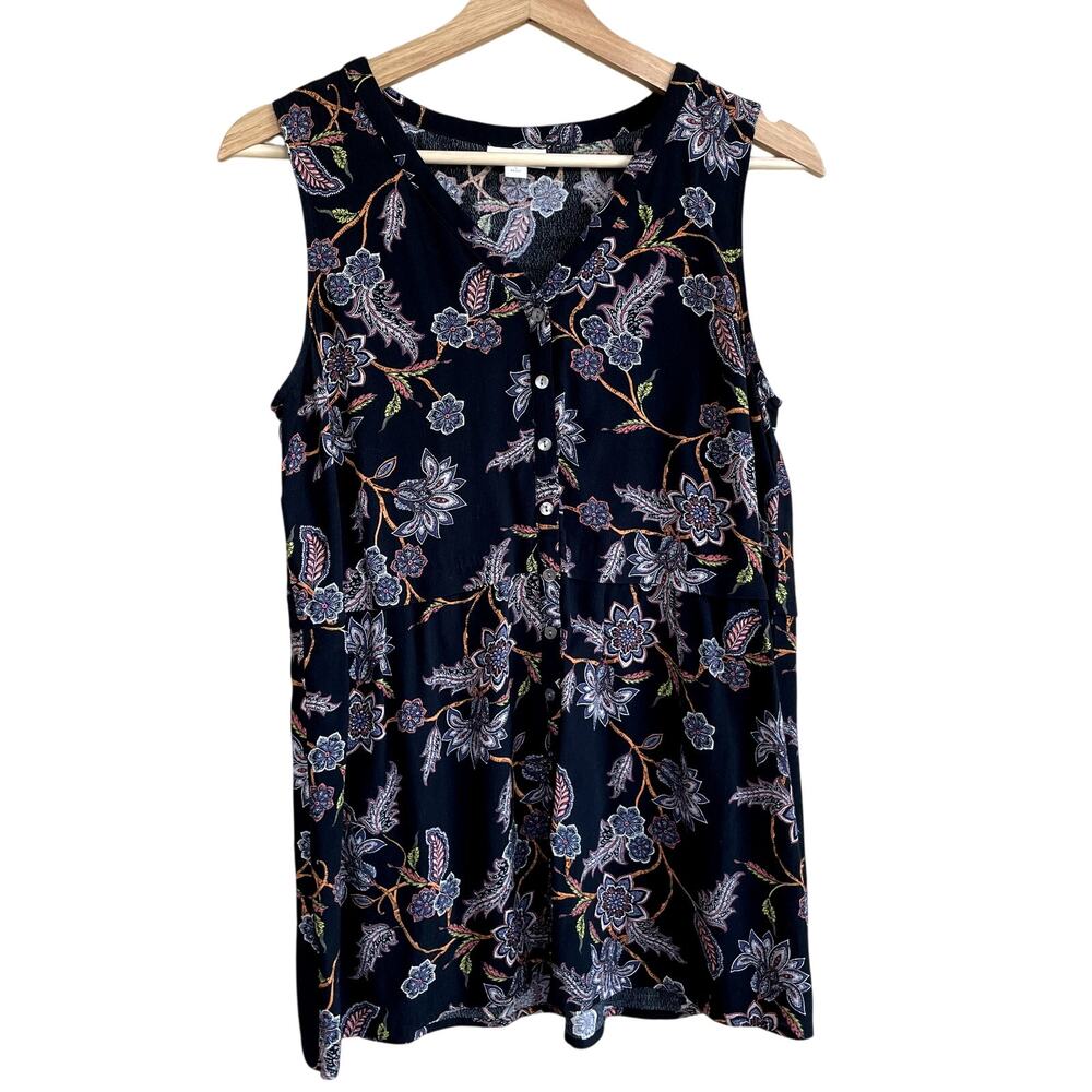 J.Jill black floral sleeveless summer blouse flowy women's small petite rayon